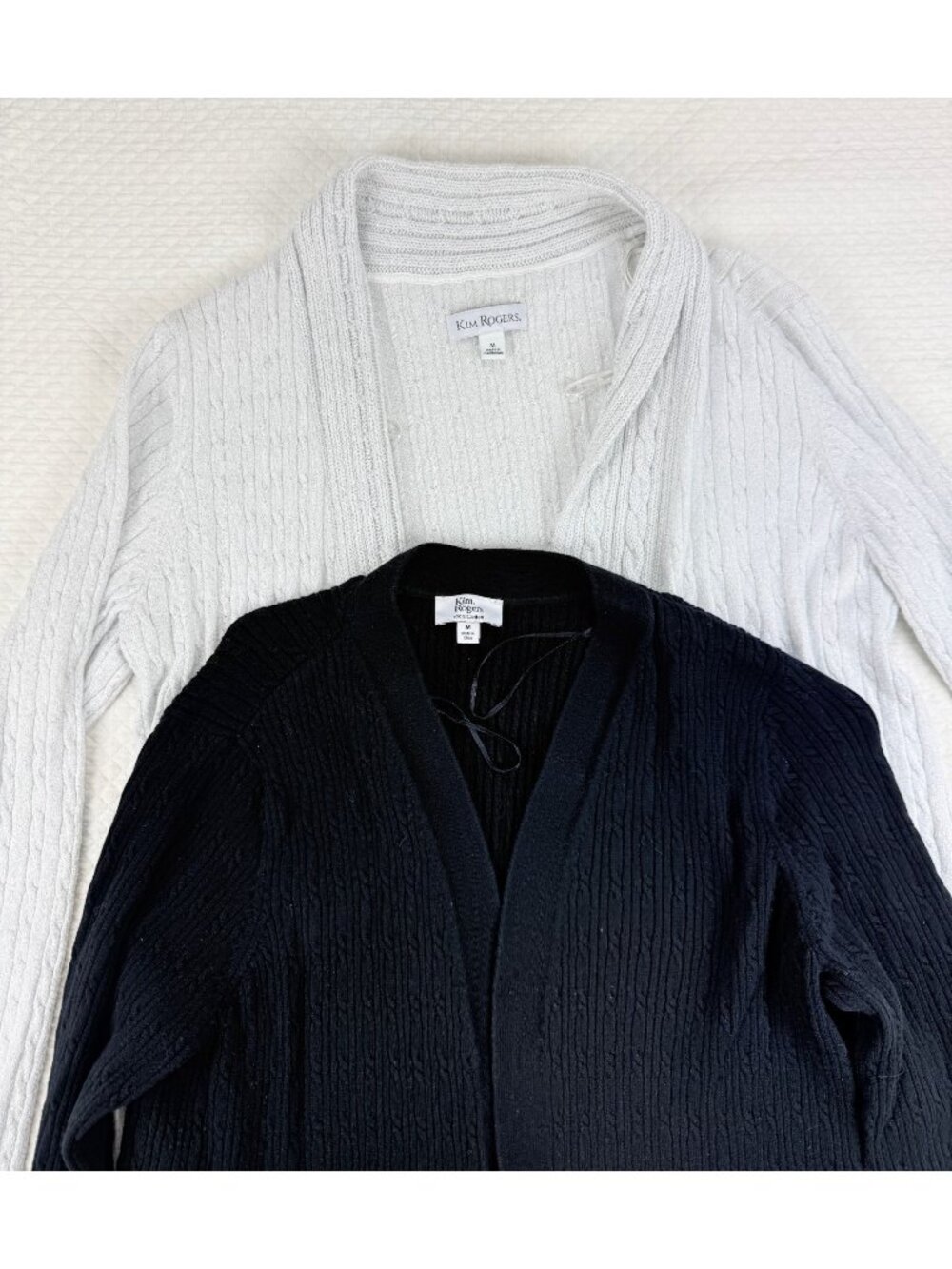 Lot of 2 Kim Rogers Cardigan Sweater Womens Medium Open Front Black Gray Shimmer
